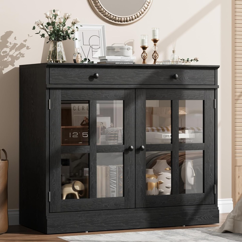 Buffet Cabinet with 2 Glass Doors & Drawer, Adjustable Shelf for Kitchen Storage