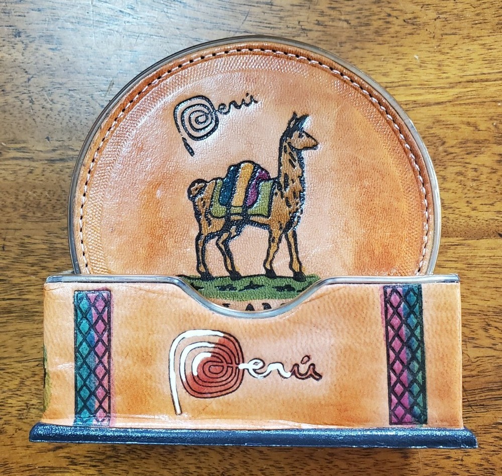 Cusco Peru Tooled painted Leather Coaster Set 6 Each 4” W/ Holder