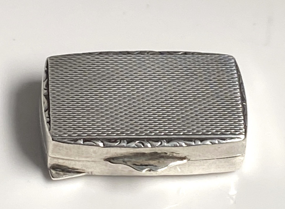 Antique c1910 Solid Silver 935 Engine Turned Pill Box Scrolling Foliage Border