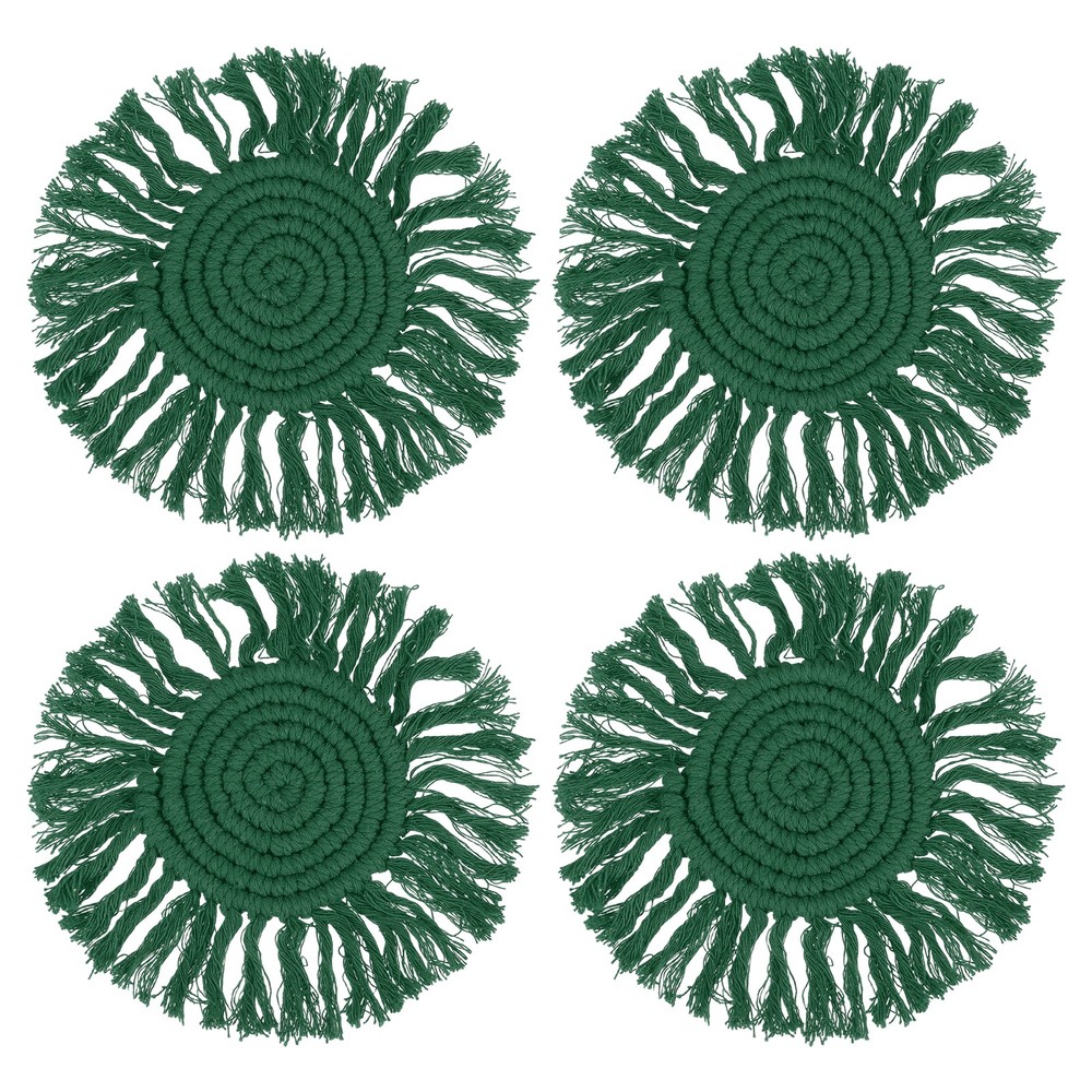 4Pcs Boho Coasters, Woven Drink Coasters with Tassel, Dark Green