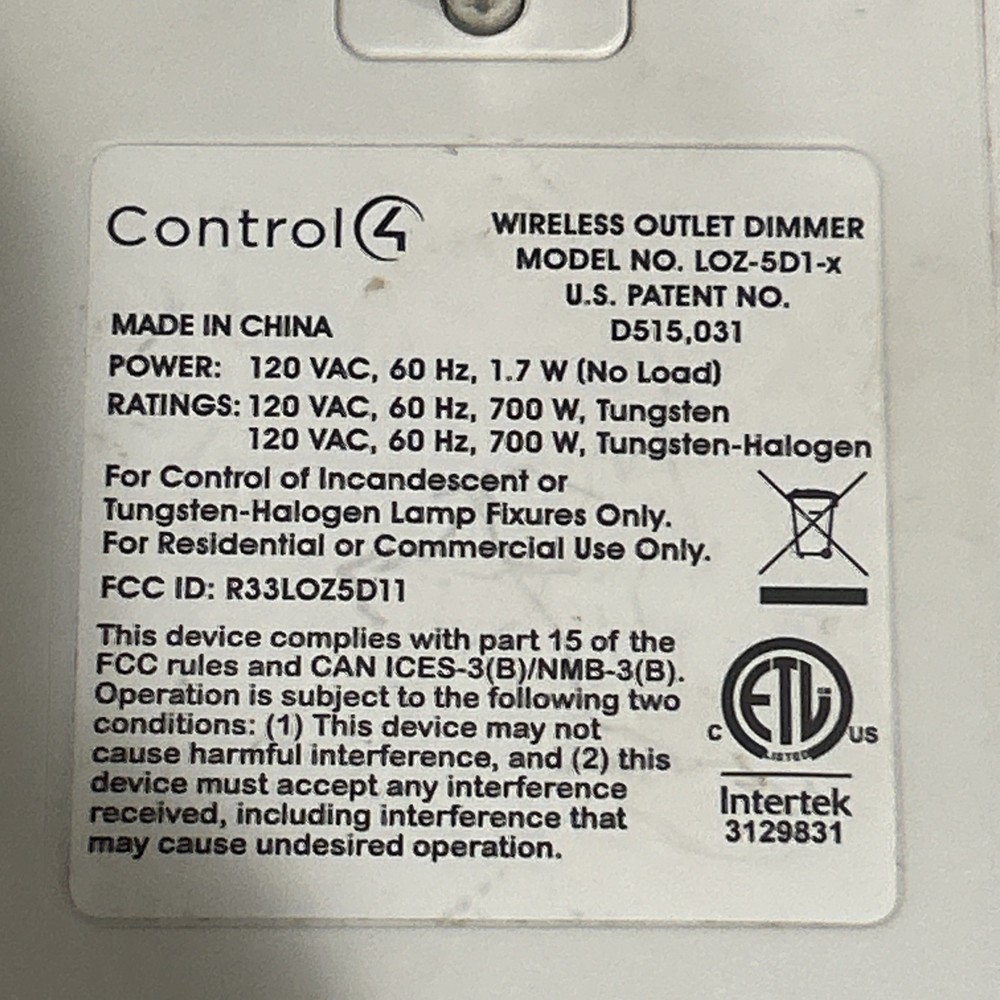 Control 4 Wireless Outlet Dimmer White LOZ-5D1-WH