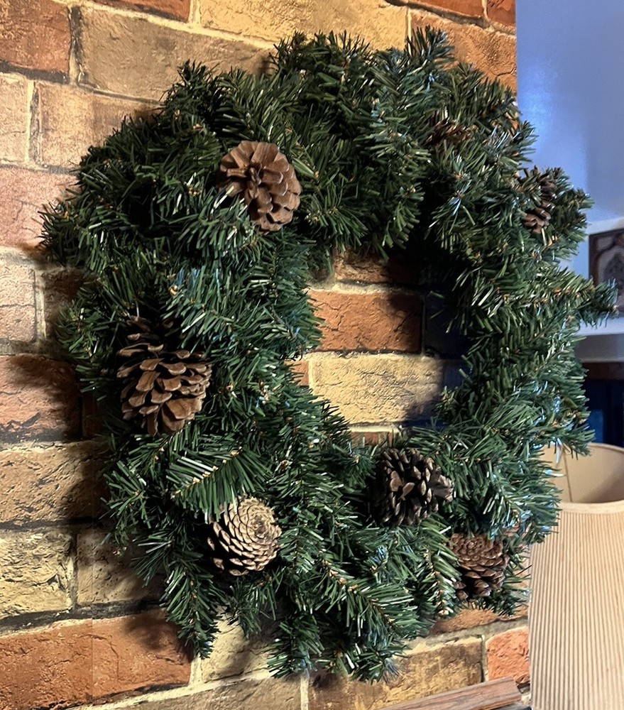 Artificial CHRISTMAS WREATH With PINE CONES 20” Across Front, 5” Deep Pre-Owned