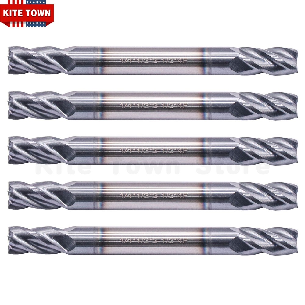 5Pcs 4 Flute 1/4" x 1/2" x 2-1/2" Double End Solid Carbide End Mill AlTiN Coated