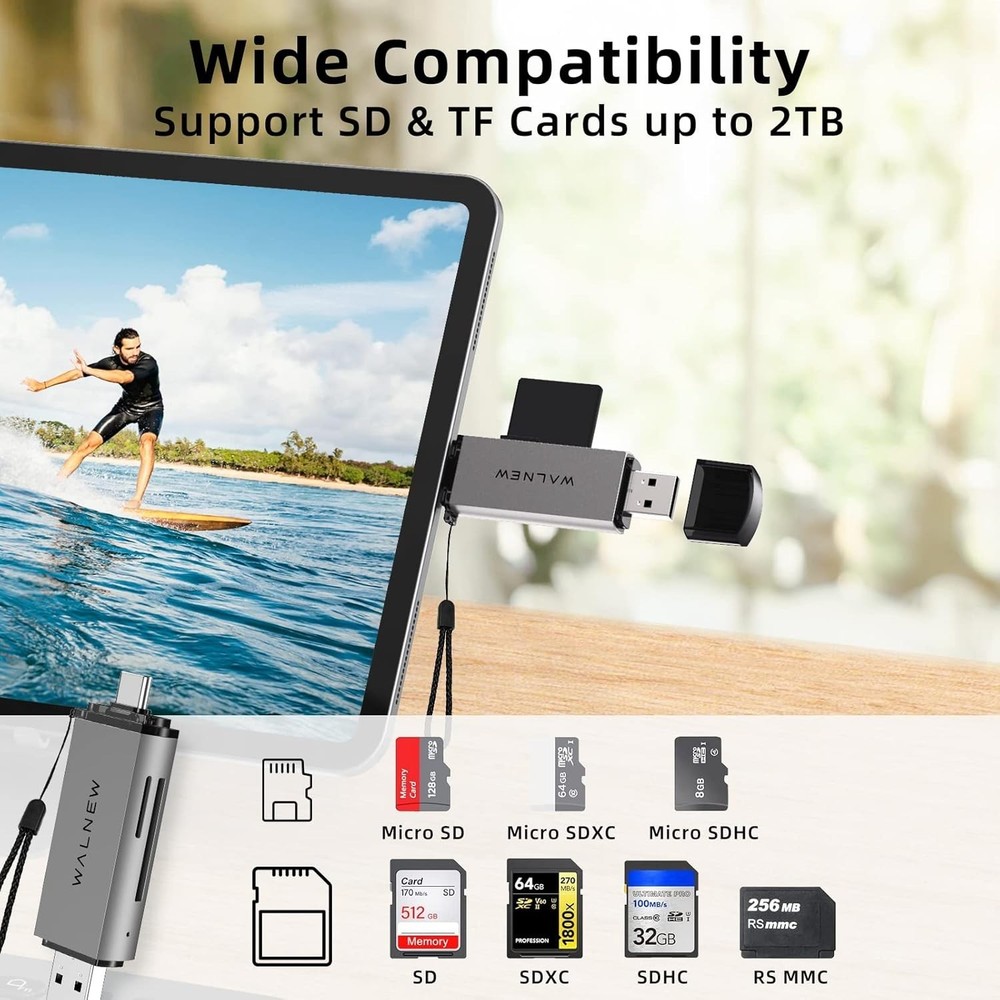 Compact Dual Slot USB 3.0 & USB-C Memory Card Reader - Quick File Transfers