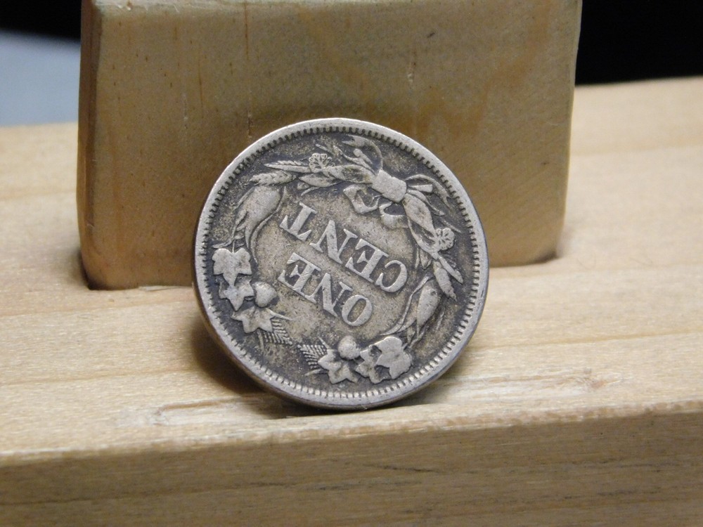 1858 Flying Eagle cent large letters 180+ degrees rotated reverse