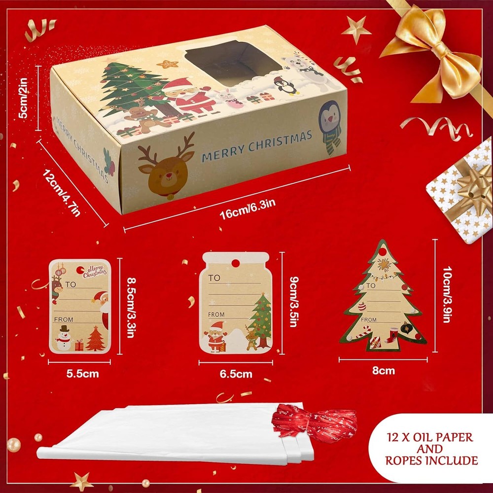12 Packs Christmas Cookie Boxes with Window,Bakery Treat Small, Brown