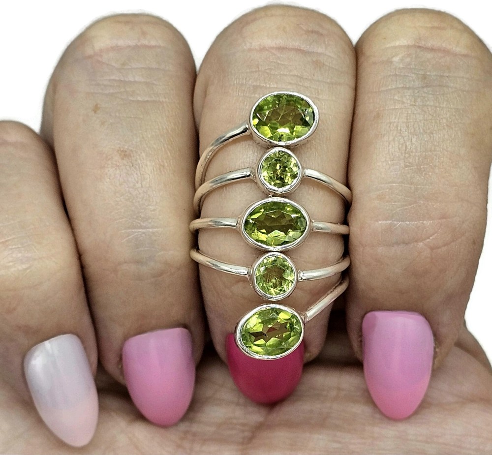 Five Stone Peridot Ring, Size 8.5, Sterling Silver, August Birthstone, Statement