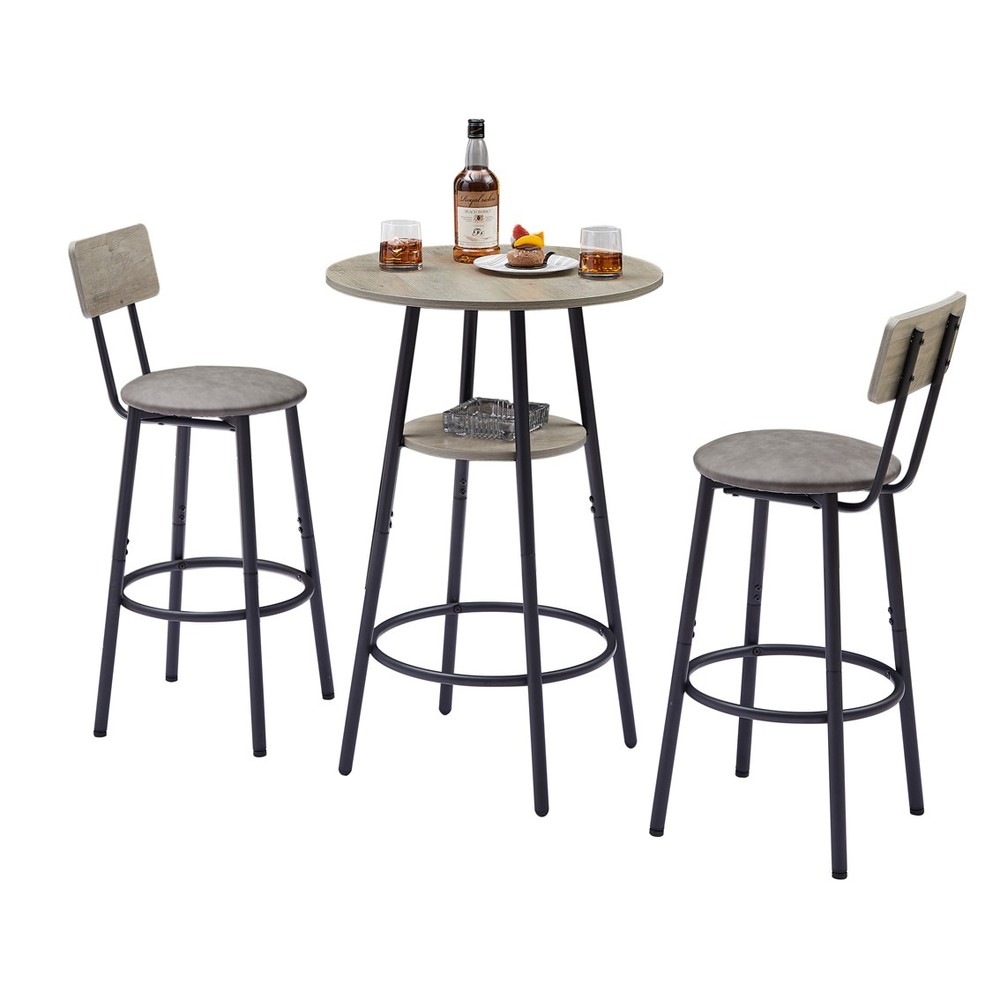 Round 3PCS Bar Stool Set with Shelf Upholstered Stool with Backrest Grey