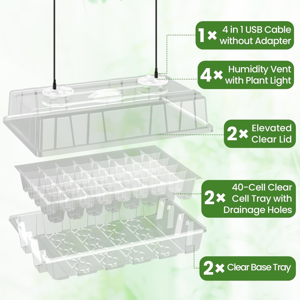 2-Pack Seed Starter Tray with Plant Light, Elevated Seedling Starter Trays Ki...