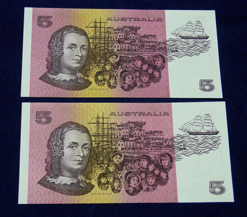 1991AUSTRALI $5 Fraser/Cole TWIN CONS PAIR Same serial Numbers Same Prefix 4note