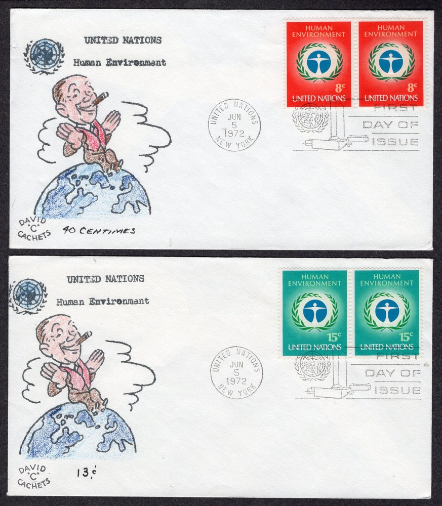 1972 UN Human Environment SetTWO Colored David "C" Cachet FDCs NM727
