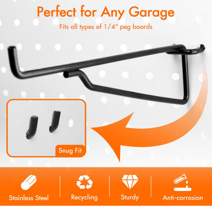 G.CORE 10-Pack 8" Black Pegboard Shelf Hooks for Garage, Craft, Workshop Storage