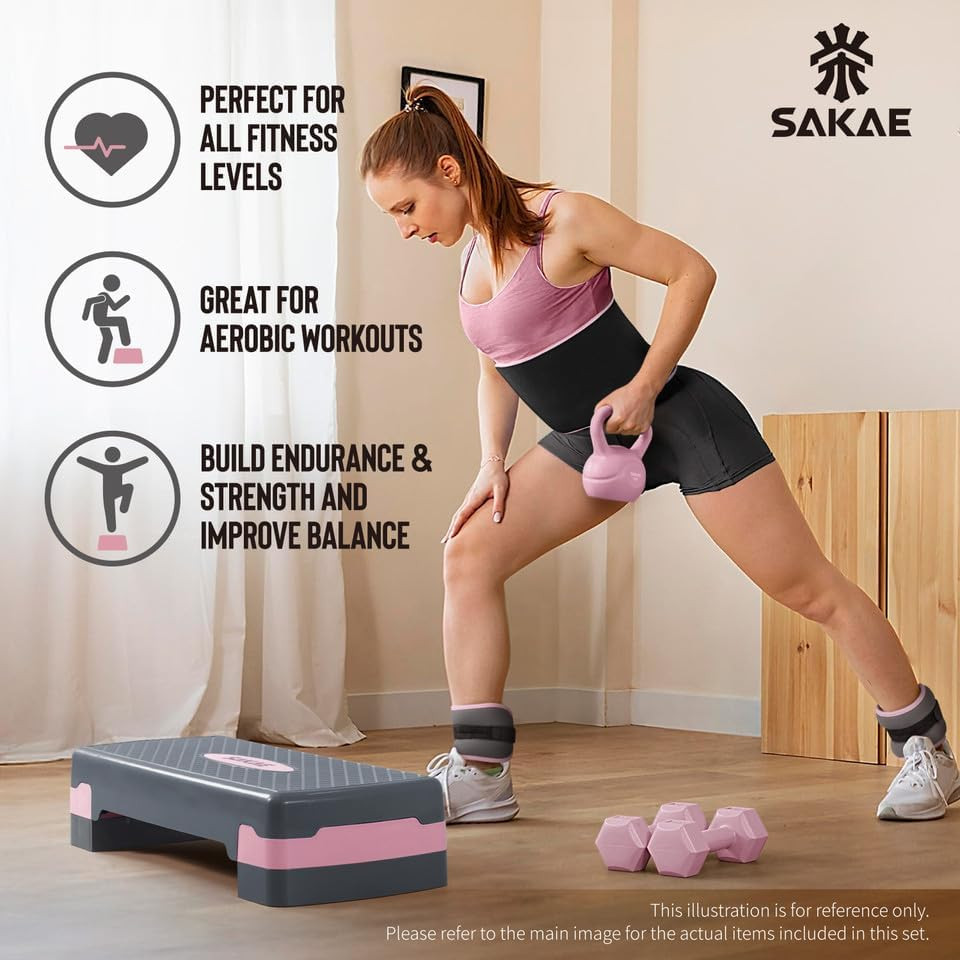 Adjustable Height Aerobic Stepper Set, Multiple Bundle Options with Dumbbells, K