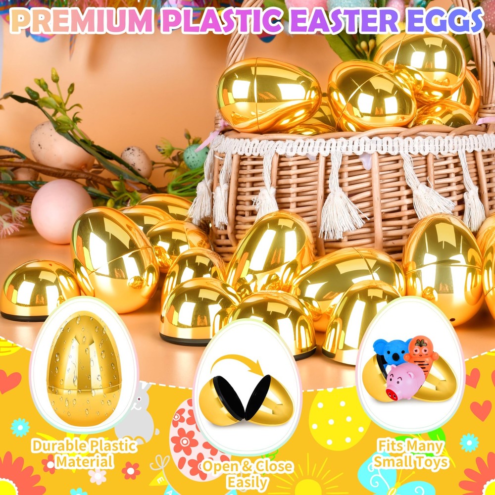 72 Pcs 2.3″ Golden Metallic Easter Eggs, Reusable Shiny Plastic Empty Fillabl...