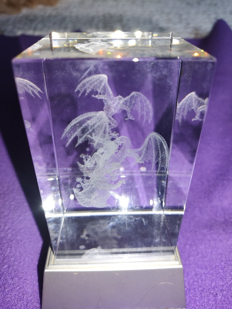 3D Laser Crystal Dragons Flying Engraved Keepsake  With Silver Base