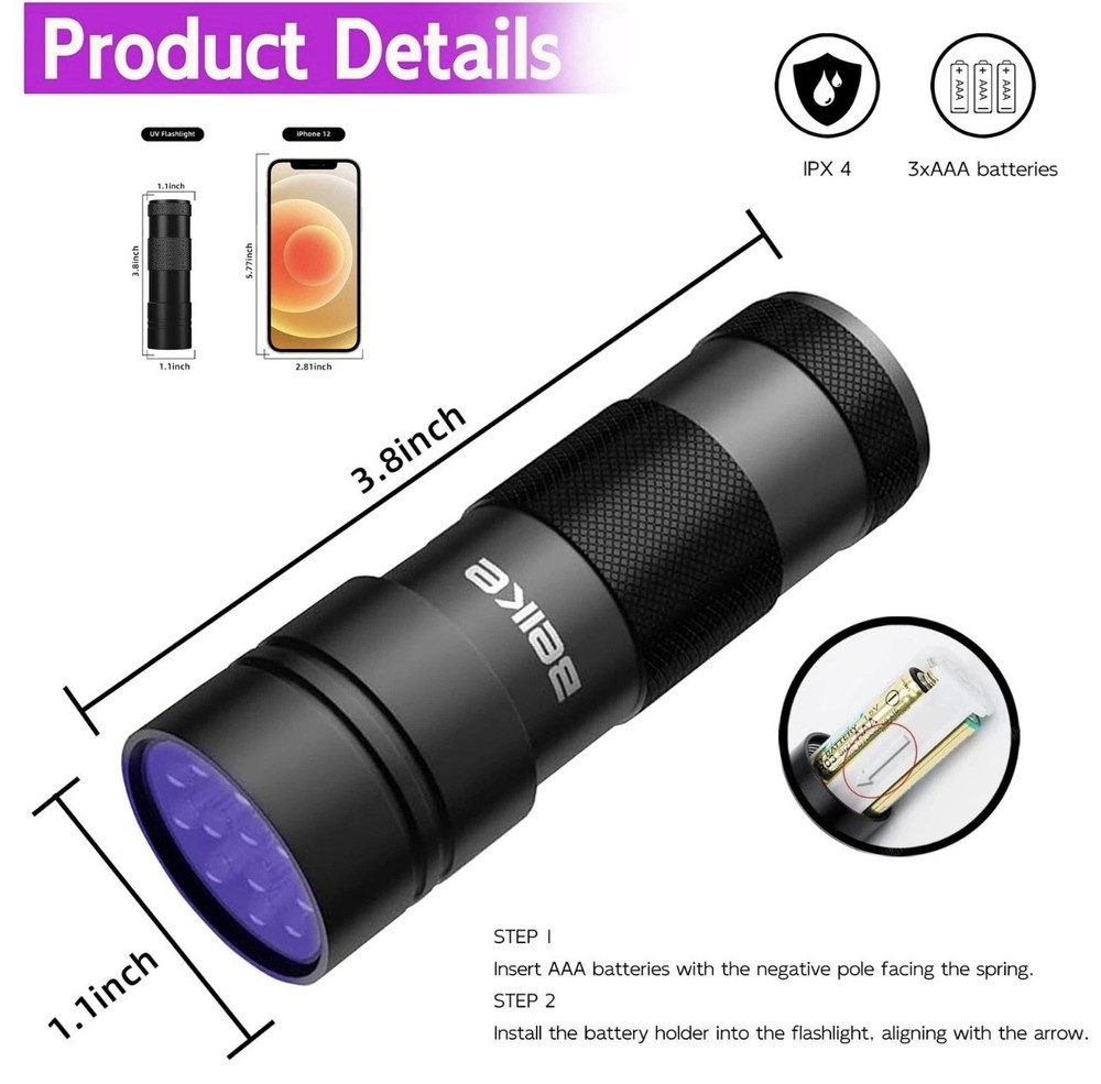 UV Flashlight Black Light–Small Portable Mini 12 LED Blacklight Box Damage