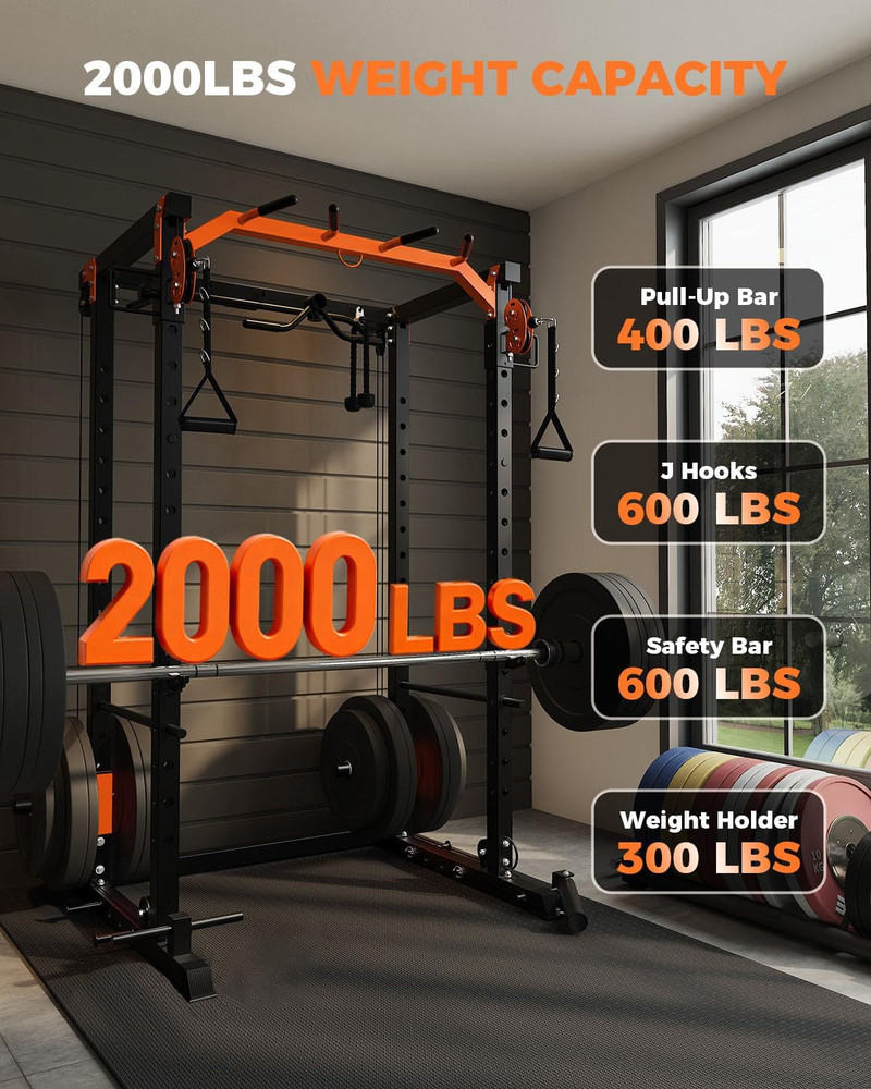 Power Cage, Power Rack with Cable Crossover System, 2000LBS Squat Rack with LAT