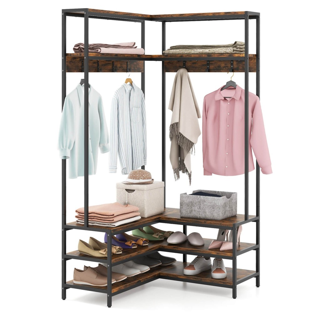 Corner Garment Rack w/ Open Shelves & 7 Hooks Shoe Bench Solid Metal Frame
