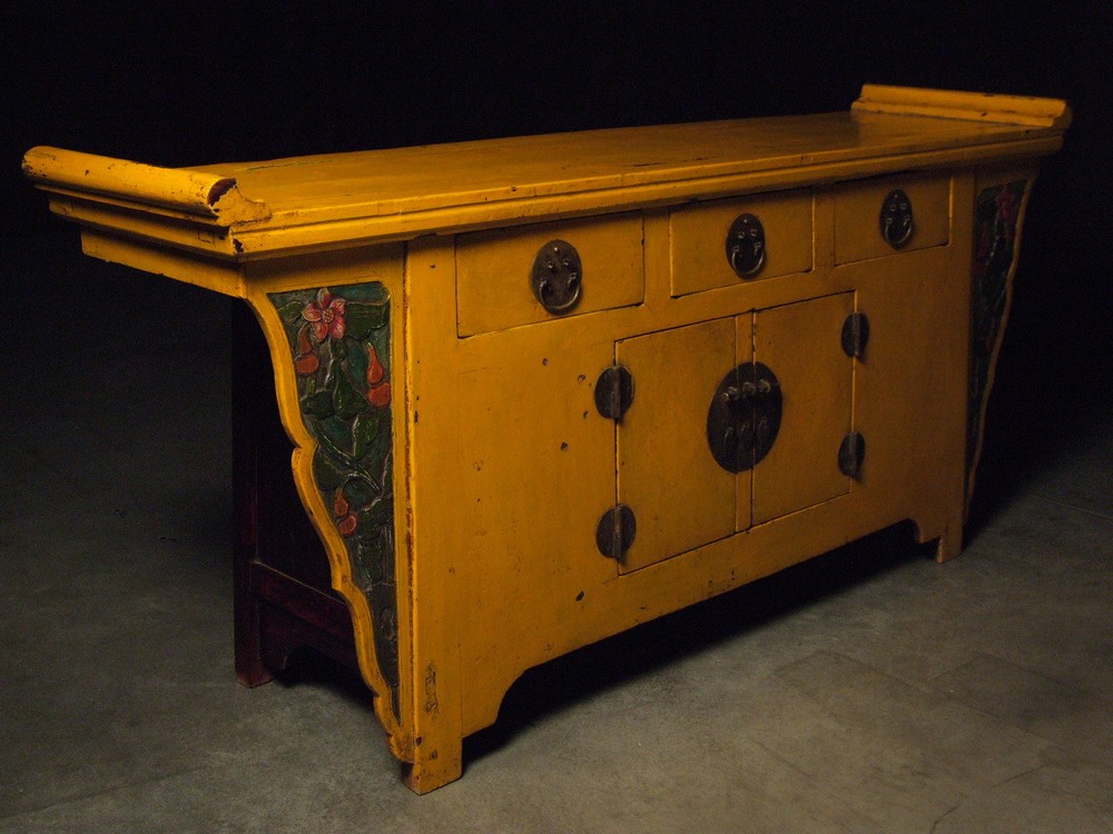 Antique Chinese Yellow Winged Sideboard Buffet Server