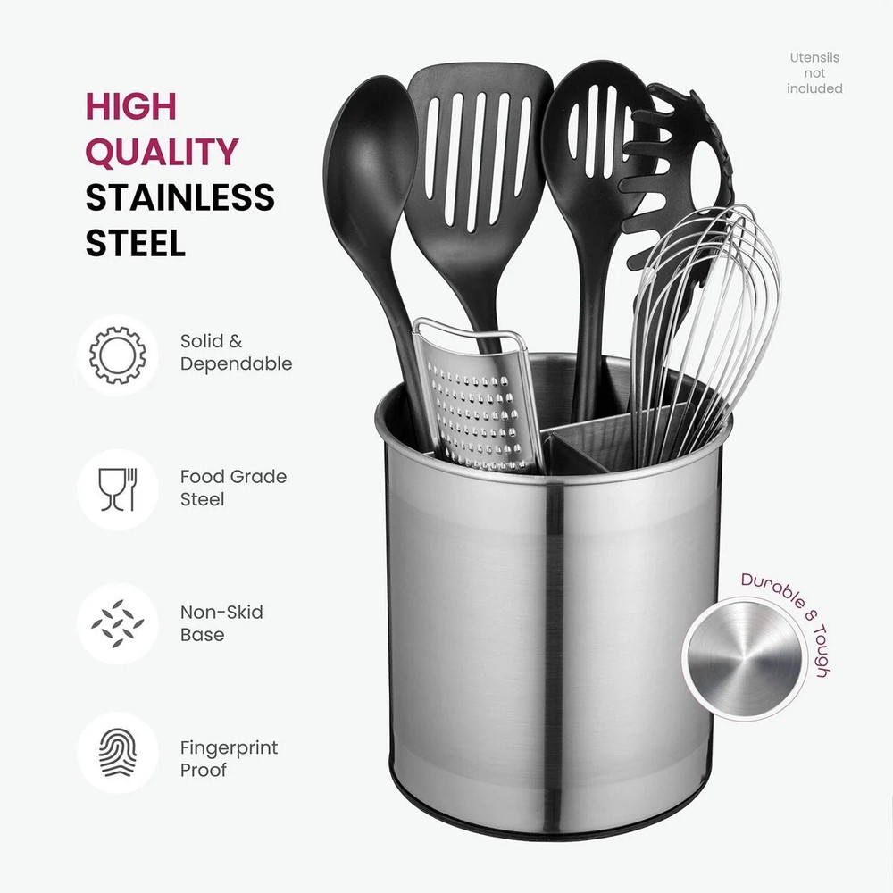 Stainless Steel Rotating Utensil Crock with Weighted Base&Removable Divider