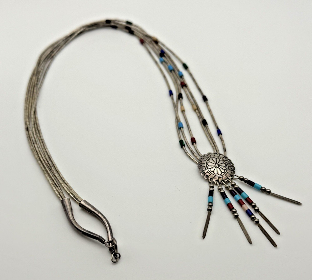 Native American Navajo Liquid Silver Multi-Stone Concho Necklace