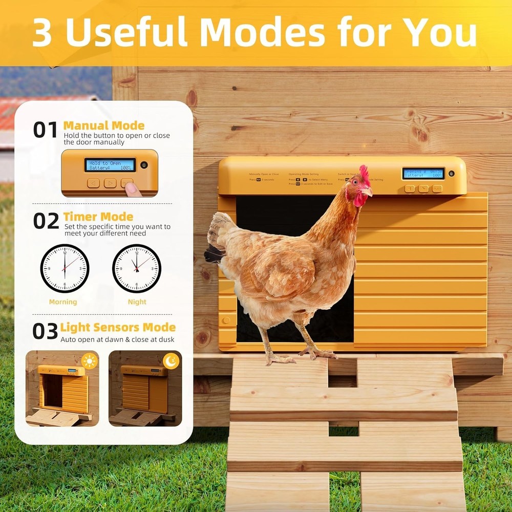 Automatic Chicken Coop Door Battery & Adapter Powered with Timer & Light Sensor