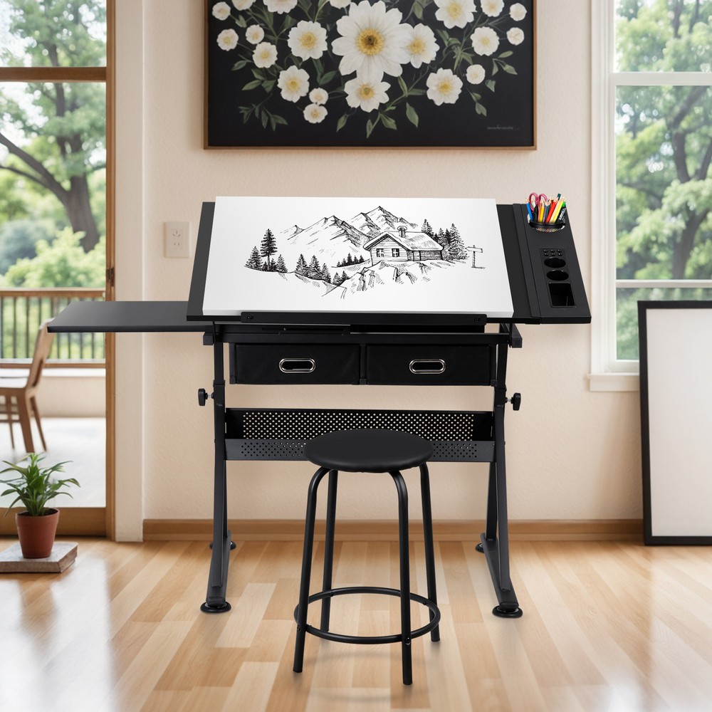 Drafting Desk Drawing Table 9 Levels Adjustable angle w/ Stool Arts Crafts Black
