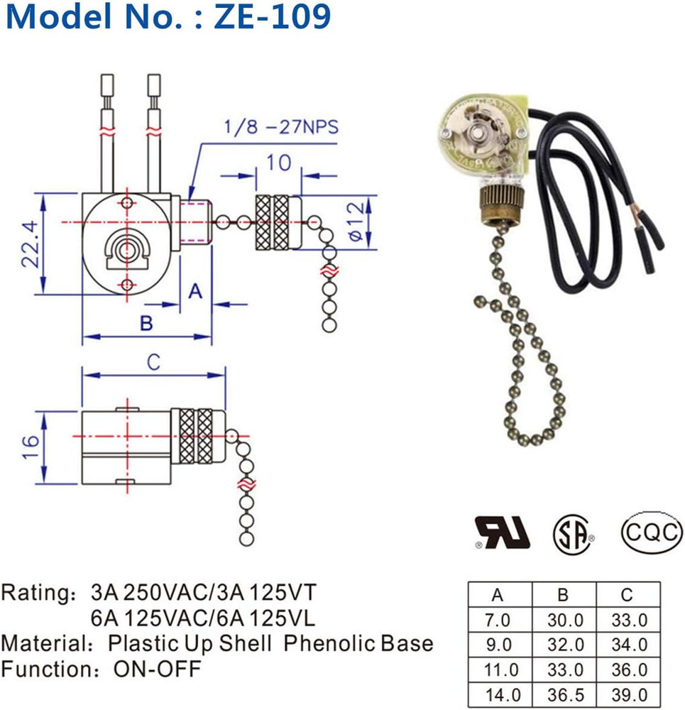 Pull Chain Switch Zing Ear ZE-109 Ceiling Fan Switch Ceiling Fan Light Lamp Repl