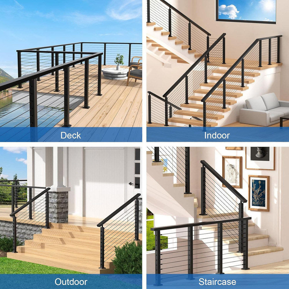CKE 10Ft-15Ft Complete Set 36" Cable Railing Post Kit, 3Pack Black Level Drilled