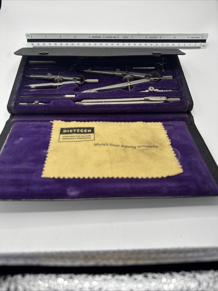Vintage Dietzgen Drafting Compass Set Complete w/ Case Engineering Drawing USA