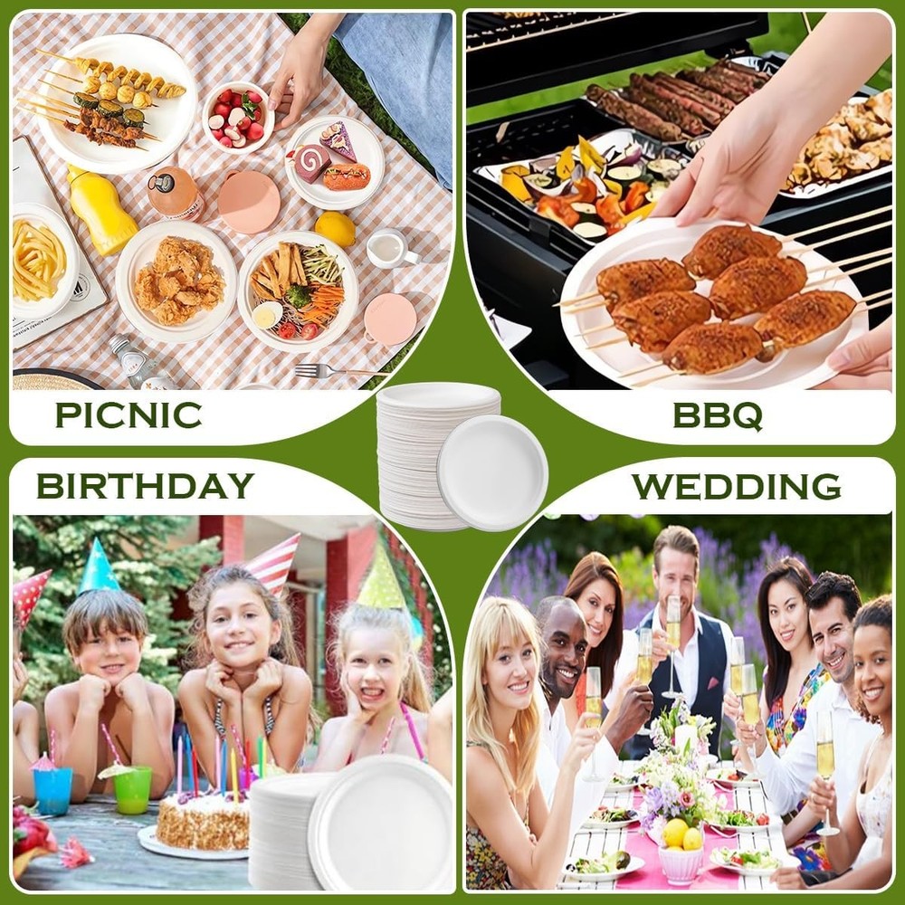 Drihara 9" Disposable Plates, Heavy Duty, 150-Pack, Leak-Proof, 100% Compostable