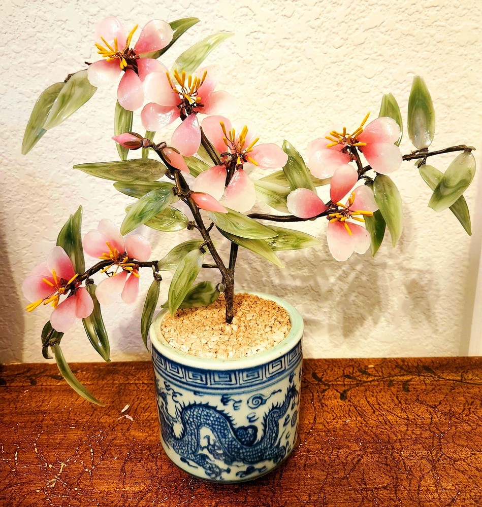 Bonsai Agate Glass Tree Branch Cherry Blossoms -Inside White   Dragon Brush Pot
