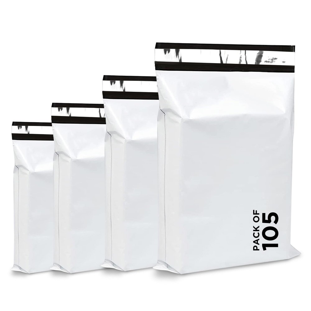 Elegxen 105 Pcs Poly Mailers - Mix Size - Self Sealing, Size, White