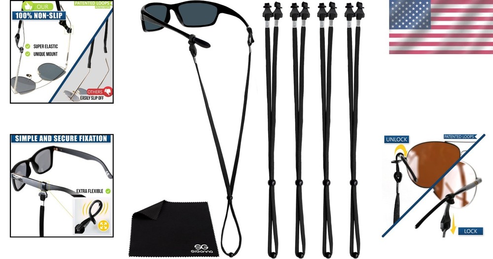 Comfortable and Secure Sunglasses Strap - Adjustable for All Neck Sizes - 4 Pack