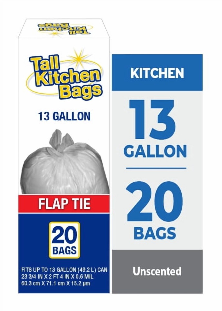 (3 Pack) Basic Kitchen Trash Bags, 13 Gallon, 20 Bags (Flap Tie)