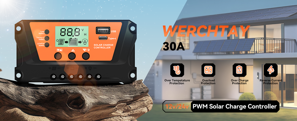 30 Solar Panel Battery Charge Controller 12V/24V Auto Regulator LCD USB Type-C