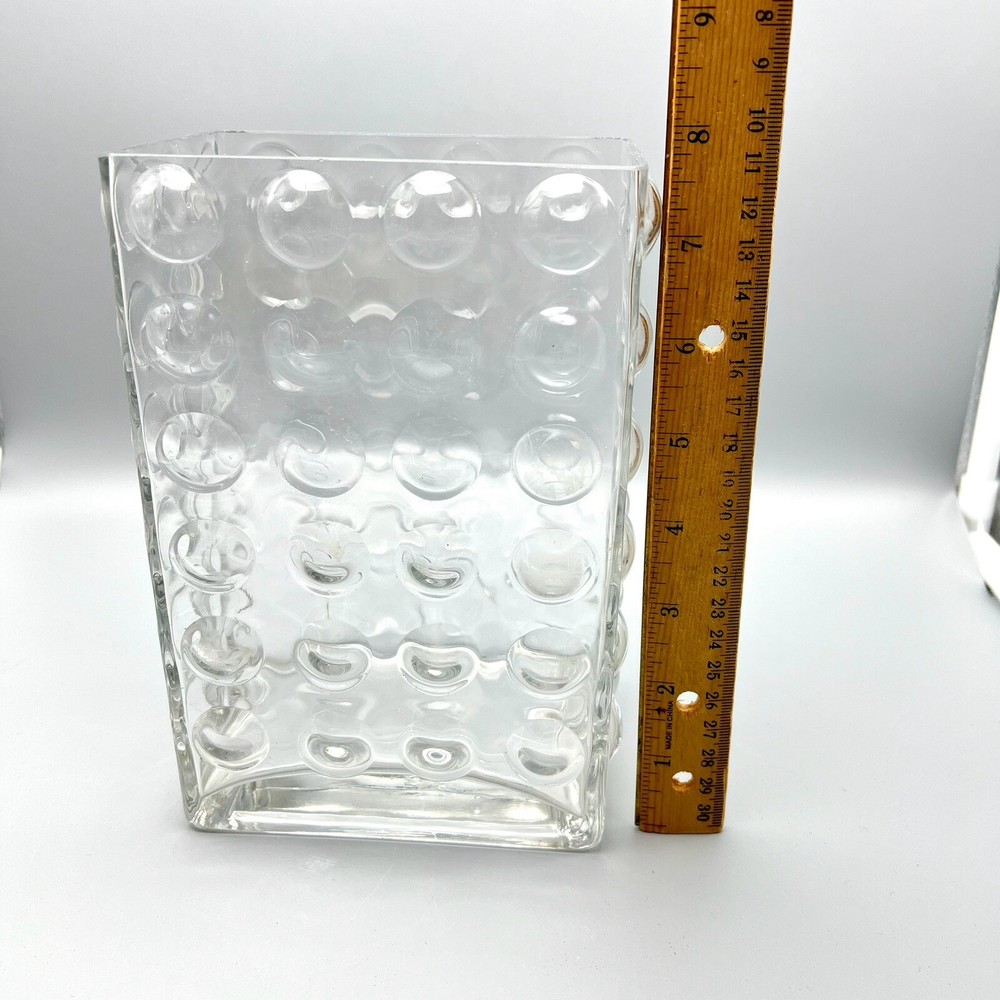 Mid Century Modern Style Vase Bubble Quilted Optic Clear Glass Rectangular 7.75"