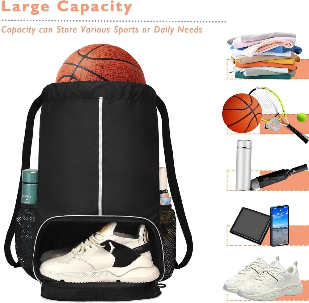 Drawstring Backpack Bag with Shoe Compartment, X-Large Gym, Beach, Royal Blue
