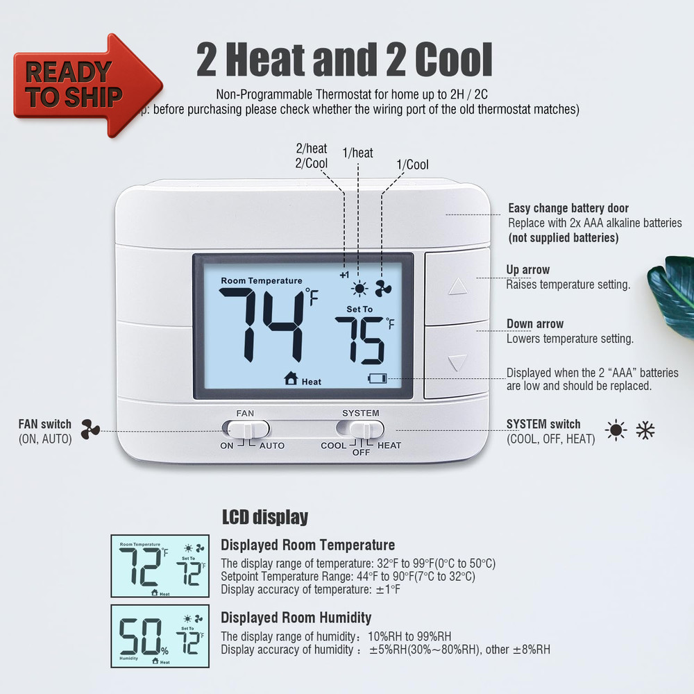 Aowel Non Programmable Thermostat for Home 2 Heat 2 Cool Multistage System, Temp