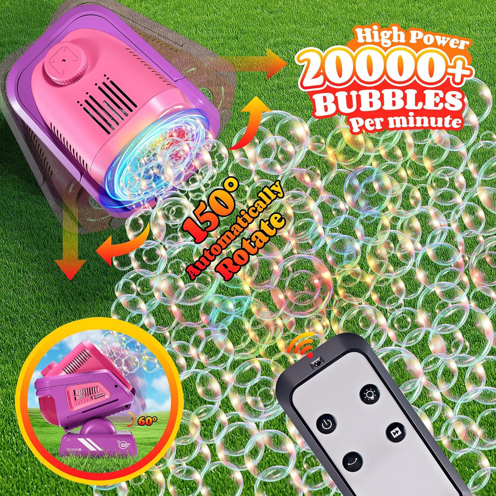 Upgraded Bubble Machine with Remote Control, Automatic Rotation & RGB Lights,...