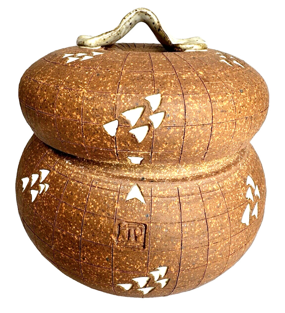 Vintage John Peterson Studio Pottery Ceramic Handle Lidded Jar with Cork Stopper