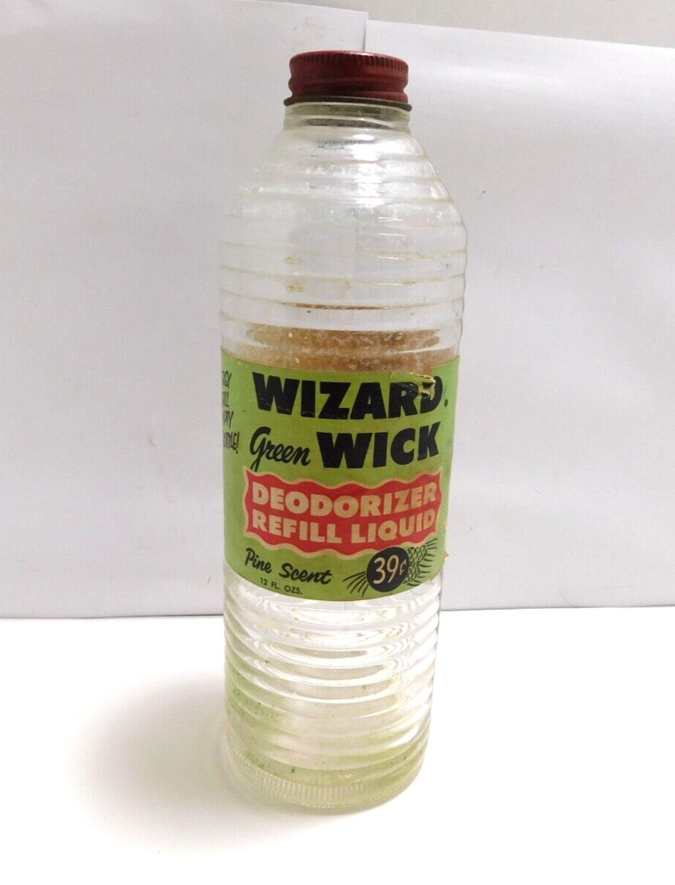 Vtg Paper Label Wizard Green Wick Deodorizer Refill Liquid Pine Scent Empty
