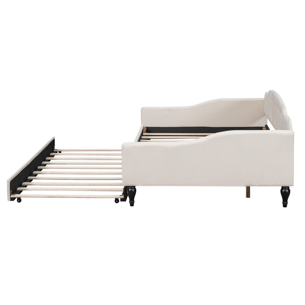 Full Size Daybed with Pull-Out Trundle Bed Upholstered Bed Frame Sofa Bed Beige