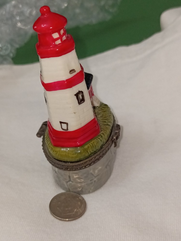 Lighthouse Hinged Trinket Hidden Box Ceramic Red White