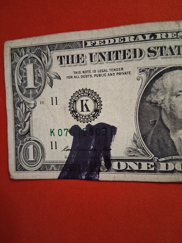 $1 Bill Large Ink Smear Bleed Through Error, series 2013