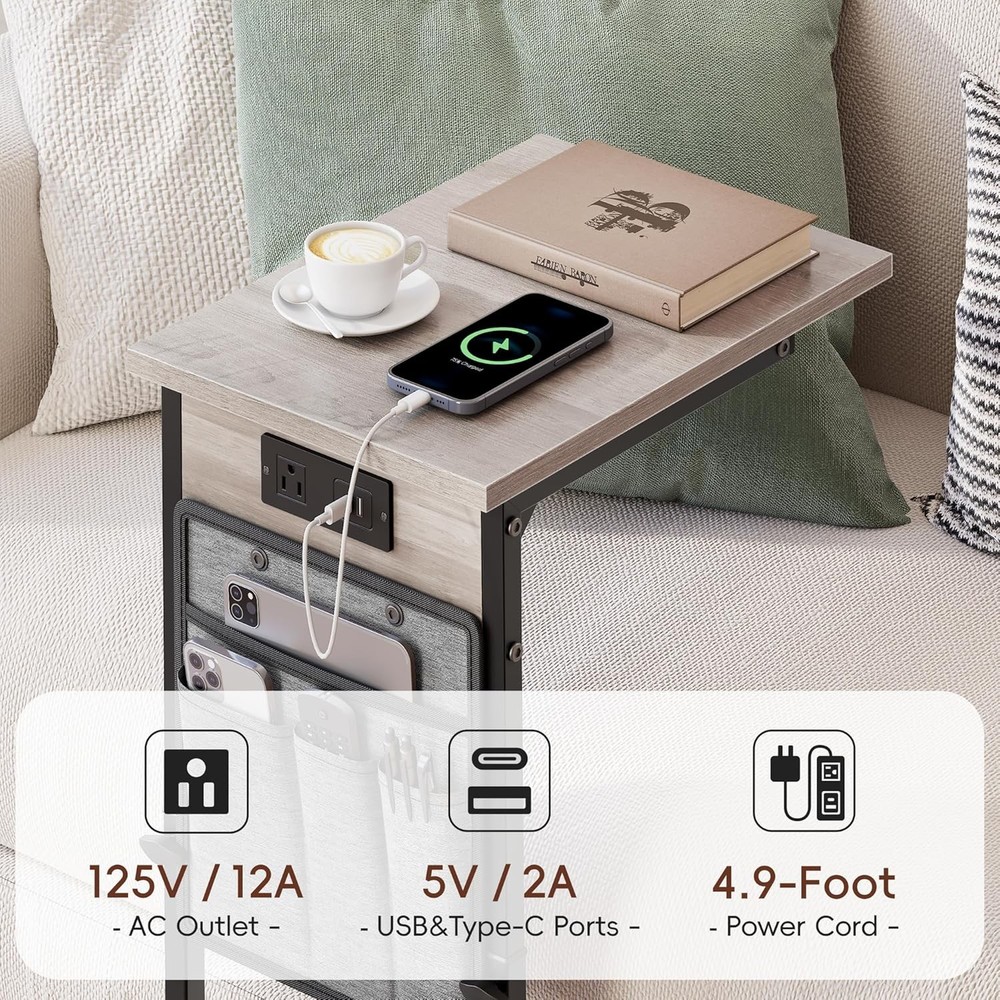 C Shaped End Table W/ Charging Station Adjustable Height Side Table Couch