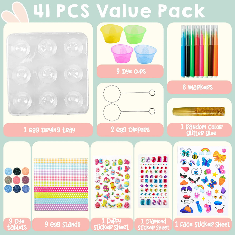 41Pcs Easter Egg Dye Kit,Diy Easter Egg Decorating Craft Kit with Egg Tray,Egg S