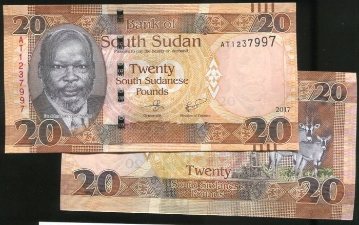 South SUDAN， P13 ， 20 POUND ， 2017 ，UNC