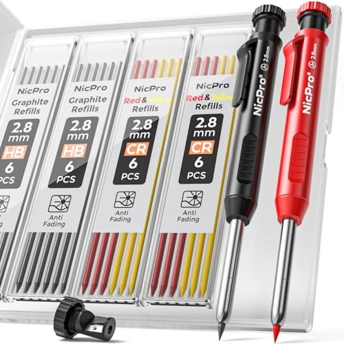 Carpenter Pencil with Sharpener, Mechanical Pencils Set with 2 Pack Black,Red