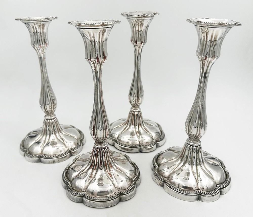 SET 4 CRESTED 9" CANDLESTICKS OLD SHEFFIELD PLATE VICTORIAN c1840 WALKER KNOWLES